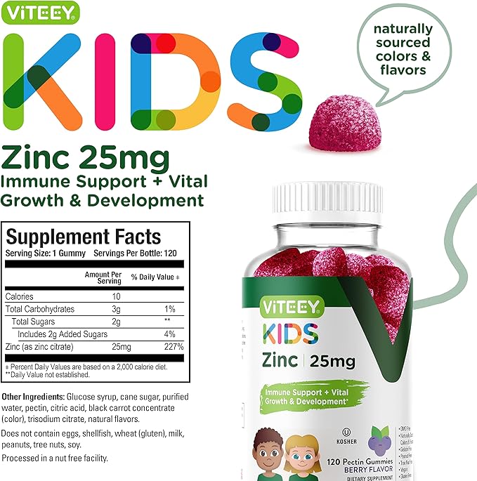 Viteey Zinc for Kids Gummies 25mg - Immune Support for Kids &amp Teens - Powerful Natural Antioxidant Kids Zinc Vitamin Supplement - Vegan Gelatin Free Gluten Free - Tasty Chewable Berry Flavor G