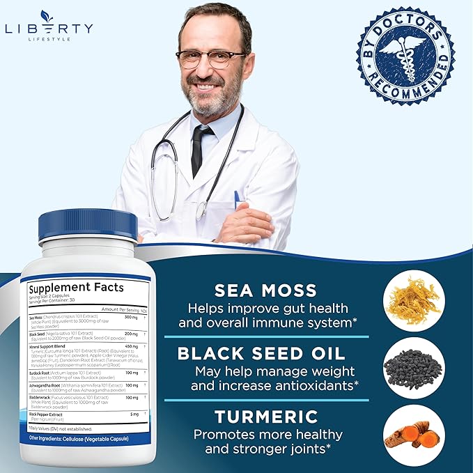 Sea Moss Black Seed Oil Ashwagandha Turmeric Bladderwrack Burdock - with Manuka Honey Dandelion ACV Black Pepper Gluten Free - 3-Pack