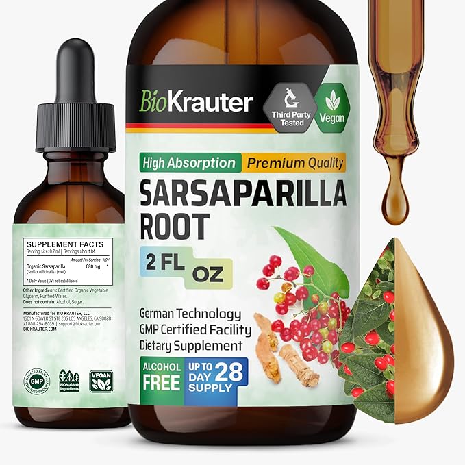 BIO KRAUTER® Sarsaparilla Root for Liver Support - Vegan &amp Pure Liver Supplement for Cleanse 680 mg per Serving - Natural Sarsaparilla Extract - 2 Fl.Oz 28-Day Supply Alcohol &amp Sugar Free
