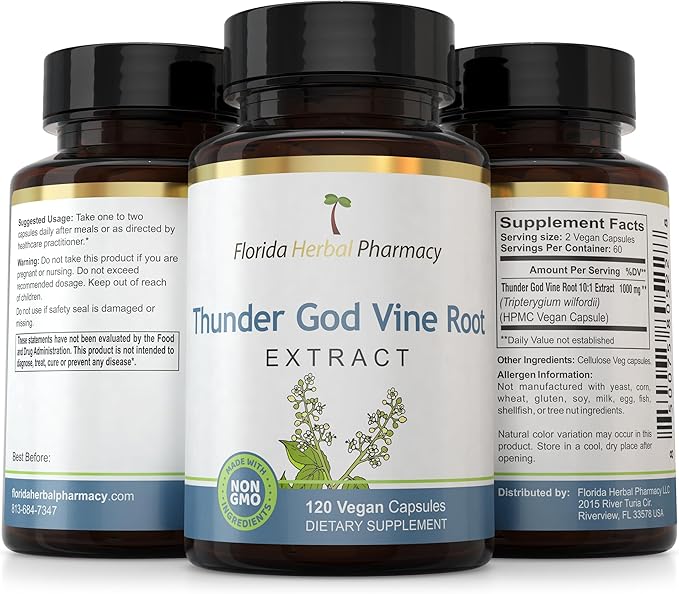 Florida Herbal Pharmacy Thunder God Vine Root Extract Supplement Capsules 10:1 (120 Capsules) 1000 mg Serving