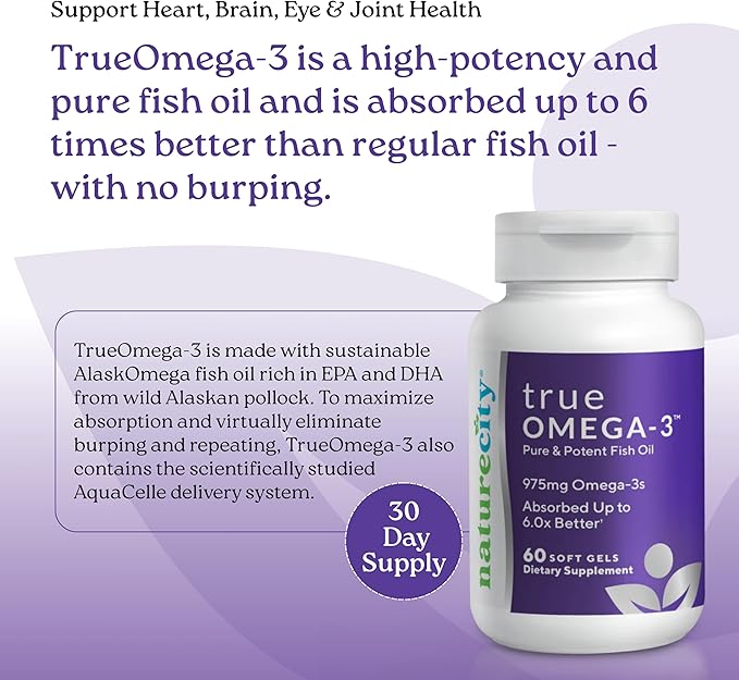 NatureCity True-Omega-3 975mg Omega-3 Fish Oil Supplements with Enhanced Absorption from AquaCelle for Heart Brain &amp Joint Support (60 SoftGels) Burpless Fish Oil Pills