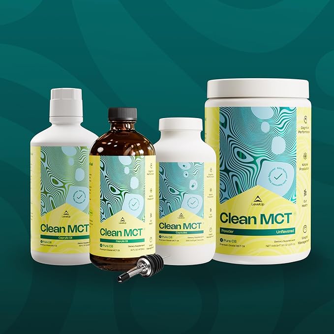 LevelUp C8 MCT Oil – 100% Pure Caprylic Acid (from Coconut) for Clean Energy &amp Focus – Keto-Friendly MCT Oil for Coffee – Non-GMO (Glass Bottle 16 oz)