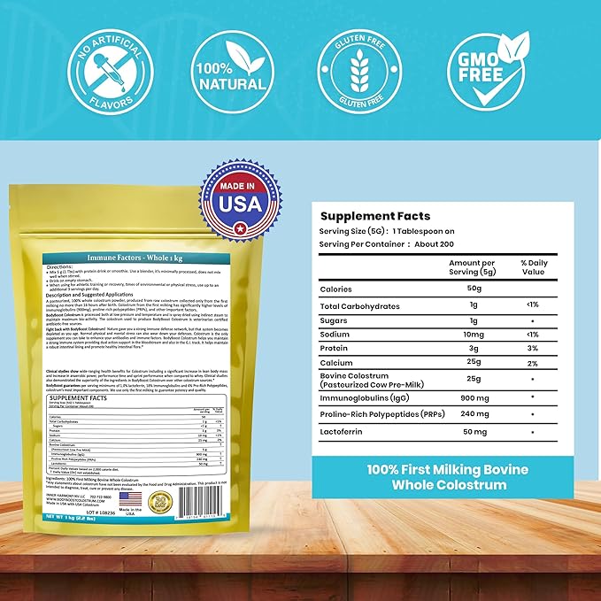 BodyBoost Colostrum Whole 100% Bovine Colostrum Powder Immune Booster Supplement with Immunoglobulin &amp LactoferrinGrass Fed Colostrum Gut Health &amp Muscle Growth Diverse Intake 1 kg 35 o