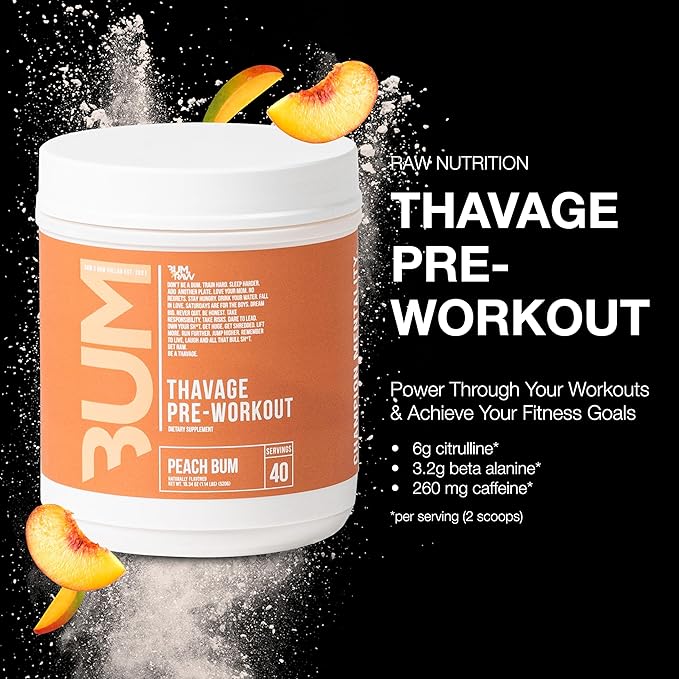 RAW Preworkout Powder Thavage (Peach Bum) - Chris Bumstead Sports Nutrition Supplement for Men &amp Women - Cbum Pre Workout for Working Out Hydration Mental Focus &amp Energy - 40 Servings