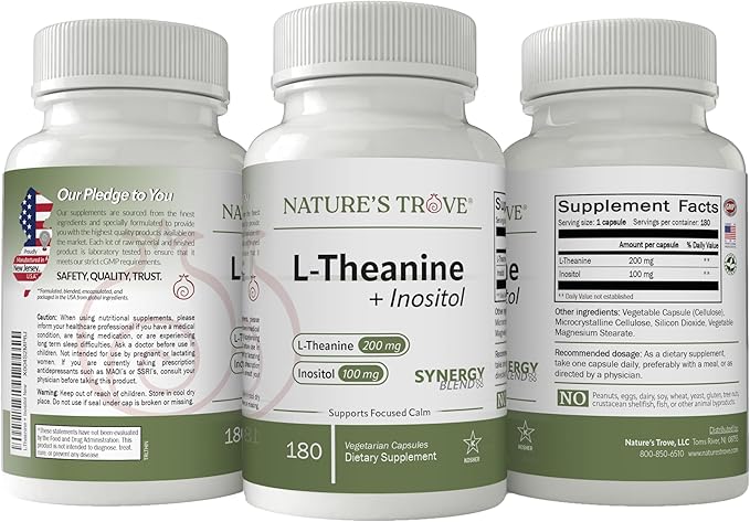 Nature's Trove L-Theanine 200mg with Inositol 100mg 180 Vegetarian Capsules