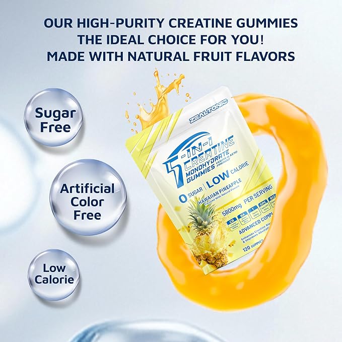 Creatine Monohydrate Gummies 5800mg with Betaine &amp Alpha GPC | 0 Sugar | Pre Workout Energy Booster for Men &amp Women | Muscle Growth &amp Boost Strength &amp Faster Recovery | (120 Pineapple