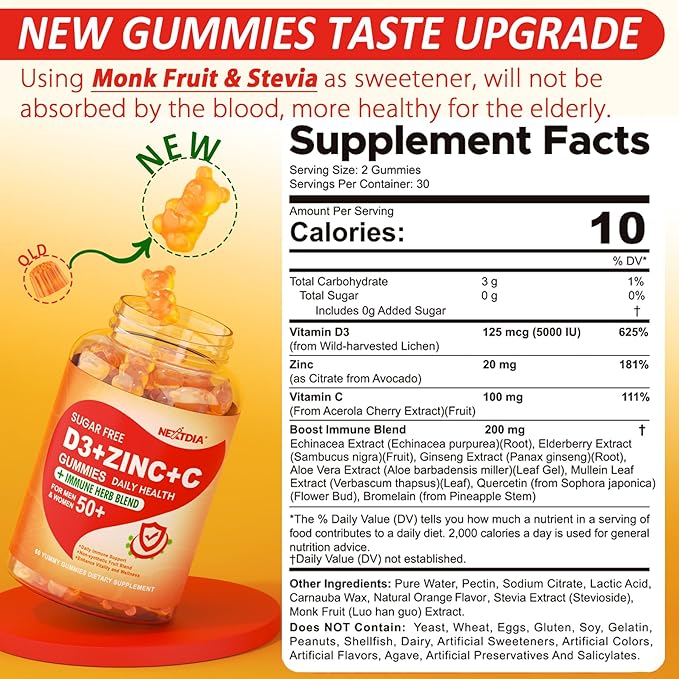 Sugar Free Vitamin C + D3 + Zinc Gummies for Adults 50 + 9 in 1 Immune Defense Supplement with D3 5000IU Elderberry Echinacea Mullein Leaf for Boost Immunity Power Antioxidant Vegan (Pack of 2)