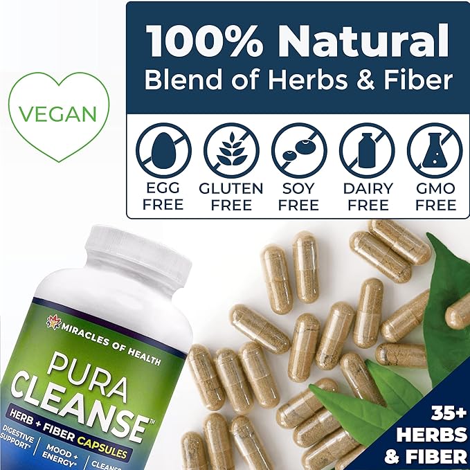 Pura Cleanse Fiber Caps | 100% Natural Herb and Fiber Detox Capsules - Daily Cleanse and Detox for the Colon Skin Lungs and Kidneys - 1 Month Supply
