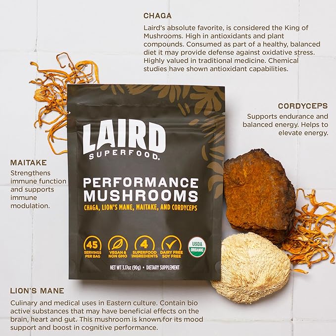 Laird Superfood Organic Performance Mushroom Blend with Chaga Cordyceps Lion's Mane and Maitake for Energy and Cognition 3.17 oz. Bag Pack of 1