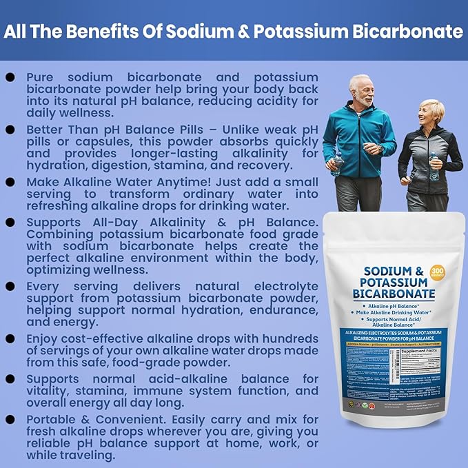 Sodium Bicarbonate Powder &amp Potassium Bicarbonate Powder pH Balance Supplement. Make Gallons of Alkaline Water Drops for Acid/Alkaline pH Balance Stomach Immune Performance. Alkaline Drinking Wat