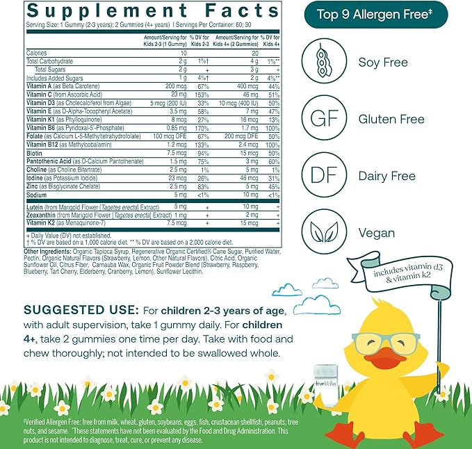 True Grace True Littles Daily Kids Multi - 60 Pectin Gummies - Immune Cognitive Bone &amp Eye Support - Clinically Studied Lutemax Kids Lutein &amp Vitamin D3 + K2 - Allergen Free &amp Vegan - 60