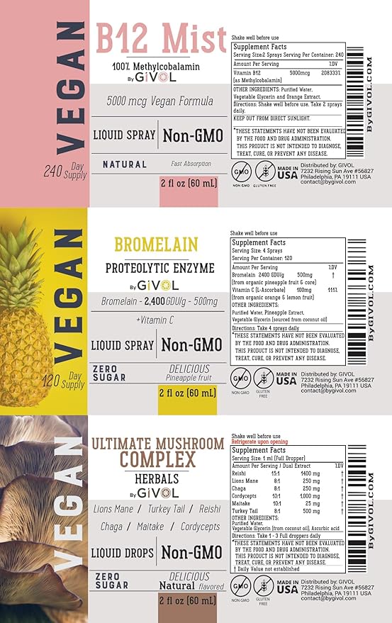 Trio Bundle - Mushroom Complex Drops B12 Mist &amp Bromelain Spray - Non-GMO Gluten-Free Sugar-Free Easy Absorption Multivitamins for Kids &amp Adults - 2 Fl Oz 420 Day Supply