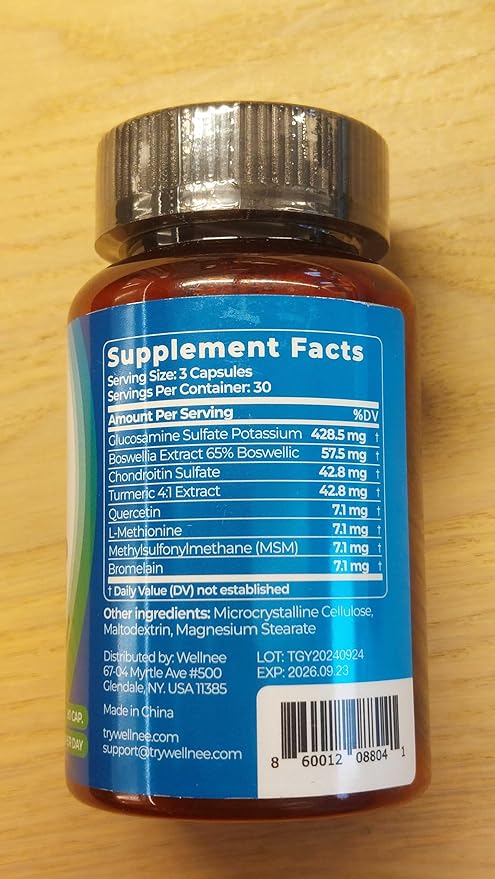 Wellnee Joint Support Supplement - Glucosamine Chondroitin MSM Boswellia &amp Turmeric - Relieves Joint Discomfort &amp Supports Flexibility - Wellknee Joint Support - 90 Capsules 30 Servings