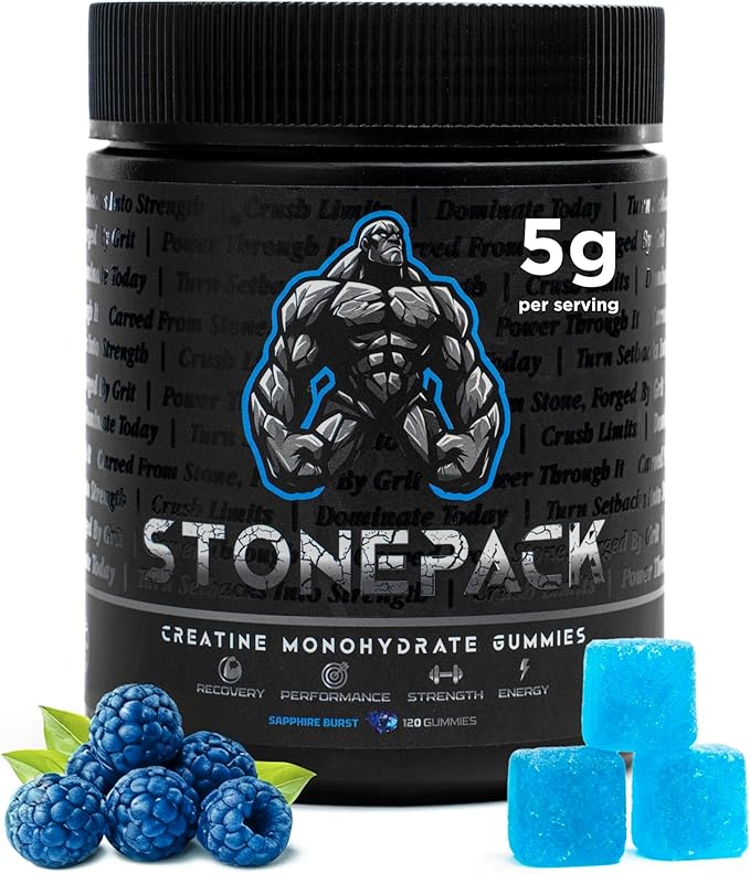 STONEPACK Creatine Gummies – The Only Lab-Verified 5g Creatine Monohydrate | Plus B12 for Energy Accurate Dosing Sugar-Free Vegan Gluten-Free | 120 Count Blue Raspberry Flavor