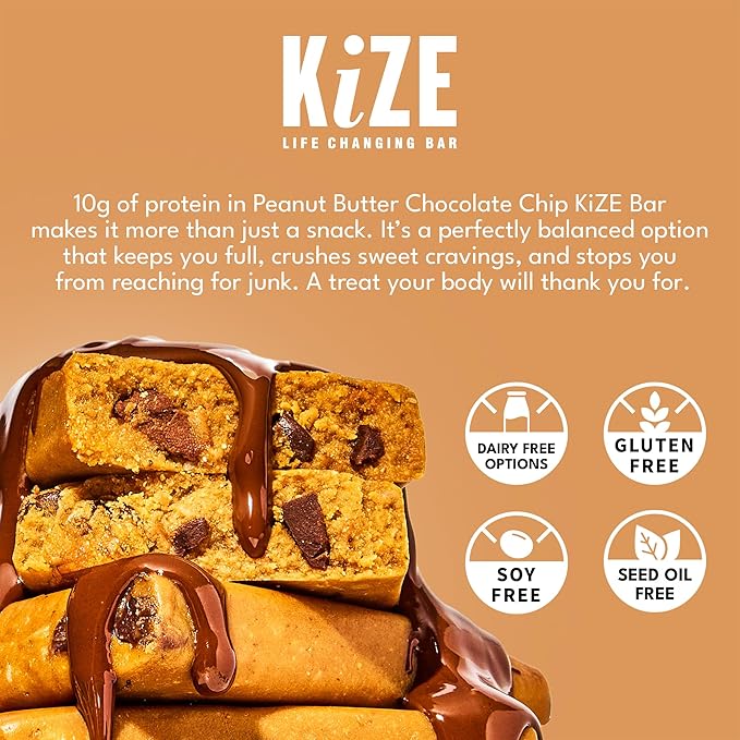 KiZE Energy Bars - Peanut Butter Chocolate Chip - 20-Count - Gluten Free Dairy Free Non-GMO and High Protein Meal Replacement Energy Bars Clean and Simple Food Ingredients - 10g High Protein Snack