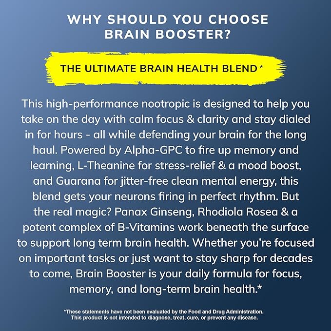 Brain Booster for Memory Focus Reaction Time &amp Brain Health – Advanced Nootropic for Adults | Third Party Tested Non-GMO Made in USA