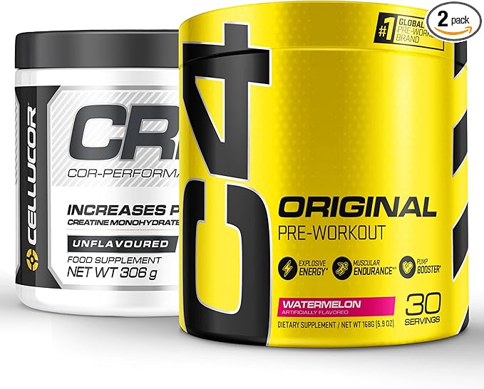 Cellucor Pre Workout &amp Creatine Bundle C4 Original Pre Workout Powder Watermelon 30 Servings + Cor Performance Creatine Powder 72 Servings