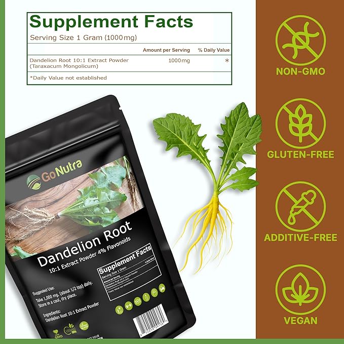 Go Nutra Dandelion Root Powder for Tea Coffee &amp Beverages | Concentrated 10:1 Dandelion Root Extract Powder Caffeine Free | No Added Ingredients | Non-GMO Vegan | 16 oz (1 lb)