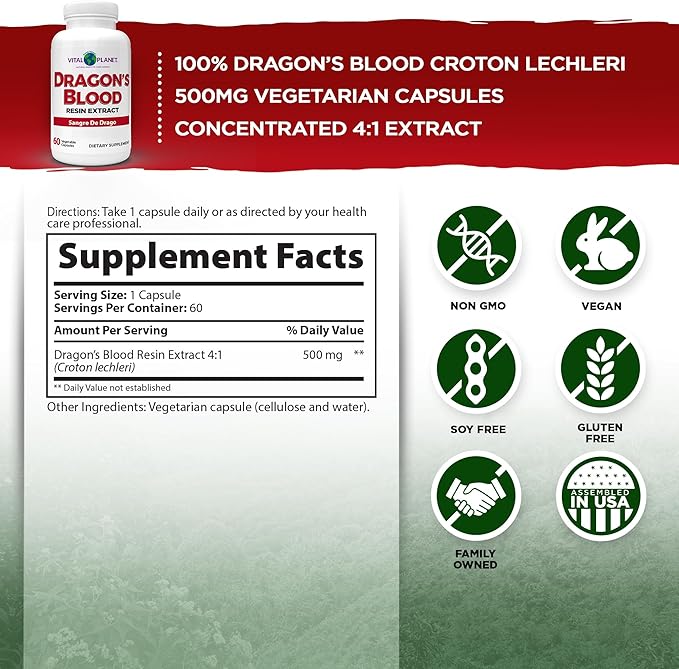 Vital Planet - Dragon's Blood Resin Extract Croton Lechleri Sangre de Drago (Grado) Digestive Supplement Sustainably Sourced from Amazon Rainforest of Peru 500mg 60 Capsules-Pack of 2
