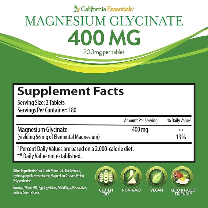 California Essentials Magnesium Glycinate 400 - Chelated High Absorption Elemental Magnesium for Muscle Relief Bone &amp Heart Support -Vegan Non-GMO Gluten-Free (360 Counts (Pack of 1))