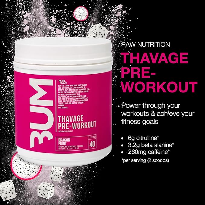 RAW Pre Workout Powder Thavage (Dragon Fruit) - Chris Bumstead Sports Nutrition Supplement for Men &amp Women - Cbum Pre Workout for Working Out Hydration Mental Focus &amp Energy - 40 Servings