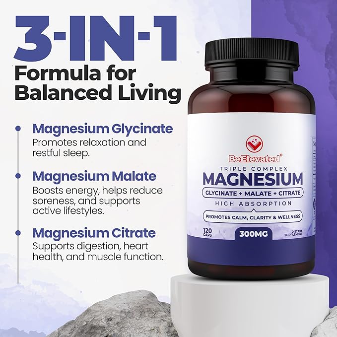 Triple Magnesium Complex Supplement – 300mg Fast-Acting Magnesium Glycinate and Citrate Combo with Malate for Relaxation Sleep &amp Well-Being – Natural Vegan Non-GMO 120 Capsules (2 Pack)