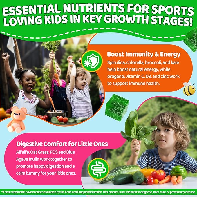 Kids Super Greens Gummies w/Multivitamins 20+ Veggie Fruit Prebiotics Calcium Omega-3 (DHA/EPA) Kids Vitamins Greens Superfood Gummies for Picky Eaters Growth Energy Immune Digestion 1 Pack