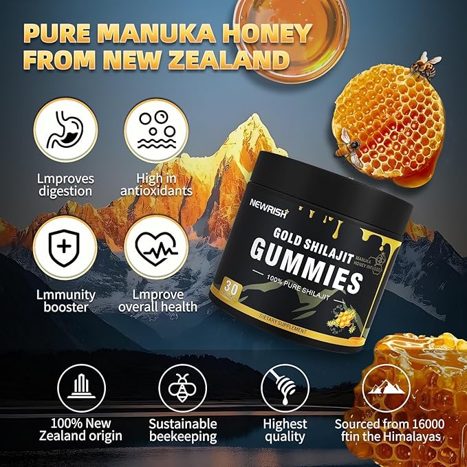 Shilajit Gummies Manuka Honey Lemon Flavor Himalayan shilajit No Added Sugar Ashwagandha Gokshura| Fulvic Acid &amp 85+ Trace Minerals for Men Women I Non-GMO 100% Natural &amp Organic I 30 Gummy