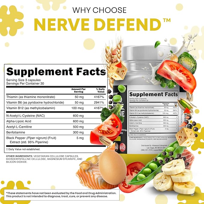 Alpha Lipoic Acid 600mg N-Acetyl Cysteine 600mg Acetyl L-Carnitine 500mg Benfotiamine 300mg - Nerve Support Supplement for Women and Men with Vitamin B1 B6 &amp B12 - Made in USA 90 Caps (Pack of 2)