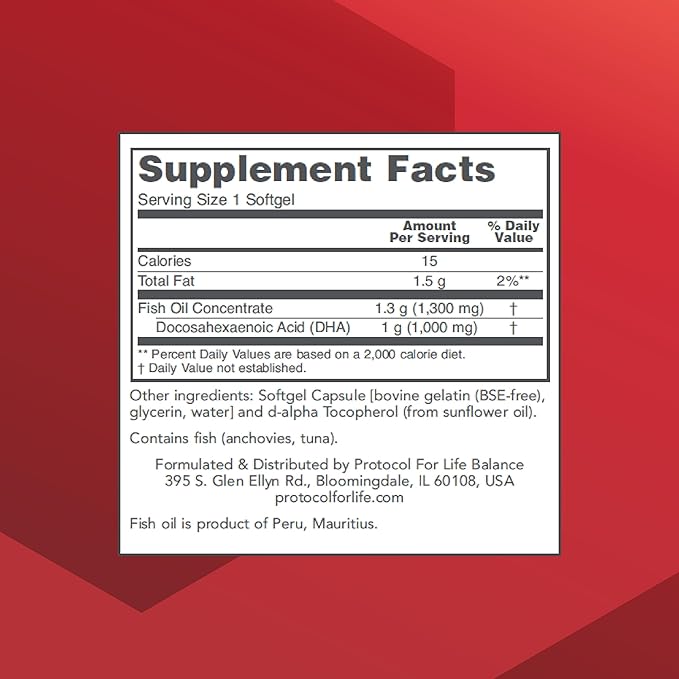 PROTOCOL FOR LIFE BALANCE DHA-1000 Extra Strength - DHA 1000mg - Fish Oil Supplement - Brain Health &amp Support* - Easy Digestion - Non-GMO &amp Halal - 90 Softgels