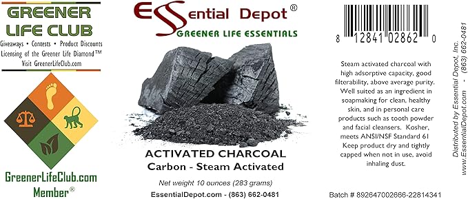 Essential Depot Activated Charcoal Powder - 10 oz - Safety Sealed HDPE Container with Resealable Cap