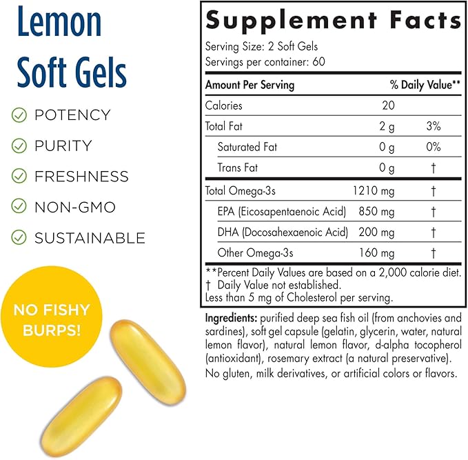 Nordic Naturals ProEPA Lemon - 120 Soft Gels - 1210 mg Omega-3 - High-Intensity EPA Formula for Healthy Mood Heart Health &amp Cellular Function - Non-GMO - 60 Servings