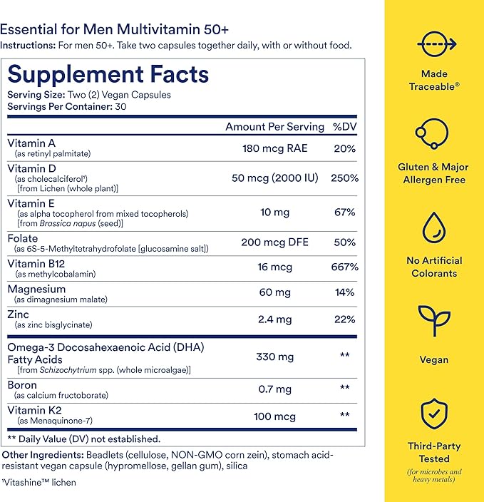 Ritual Multivitamin for Men 50+ Vegan with Zinc Vitamin A and D3 for Immune Function Support* Omega-3 DHA B12 K2 Gluten Free Non-GMO Mint Essenced 30 Day Supply