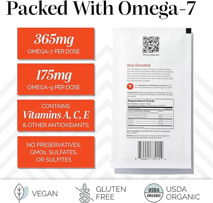 sibu Sea Buckthorn Omega-7 Softgels (60-Day Refill Sachet) – Supplement for Healthy Skin Hair Nails and Dryness