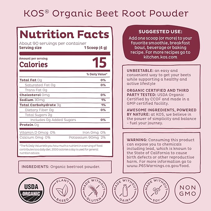 KOS Organic Beet Root Powder USDA Organic - Natural Nitric Oxide Booster Superfood Plant Based Beetroot Antioxidant Supports Active Lifestyle &amp Healthy Circulation Soy &amp Gluten-Free - 90 S