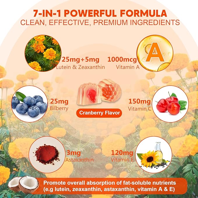 Sugar-Free Lutein Zeaxanthin Supplements Gummies (25mg) Vitamins A C E Bilberry Astaxanthin - Coconut Oil for Better Absorption - Adults &amp Teens Vision Health Eye Strain Dry Eyes - Vegan 60