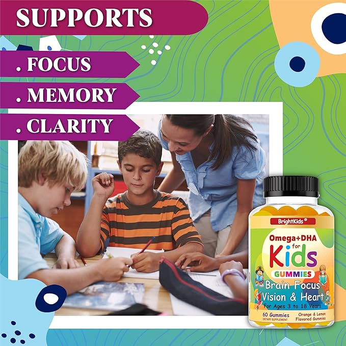 BrightKids Omega 3 Focus Gummies for Kids &amp Teens – Kids Focus and Attention Supplements for Memory &amp Learning – Focus Gummies for Teens Omega DHA Supplement Fruity Flavor (60 Gummies)
