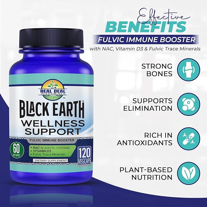 Black Earth Wellness Support 120 Vegcaps - Immune Formula 60 Day Supply with NAC Vitamin D3 Amino Acids Fulvic Acid Humic Acid Over 70 Trace Minerals - Nutritional Supplement for Winter Wellness