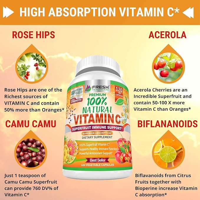 Fresh Healthcare Whole Food Vitamin C 500mg - Natural Supplement from Rose Hips Acerola Cherry &amp Camu Camu - with Citrus Bioflavonoids for Immune Support - 120 Vegan Capsules