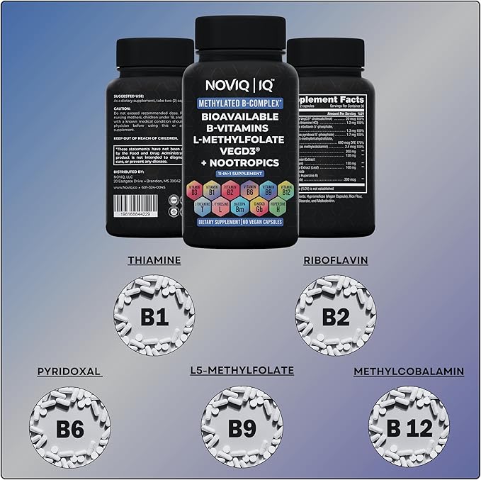 11-in-1 Methylated B-Complex Supplement: 680mcg L-Methylfolate(5-MTHF) Thiamine(B1) Riboflavin(B2) Pyridoxal(B6) Methylcobalamin(B12) - VegD3® + Nootropics - 1100mg+ Serving - 60 Count
