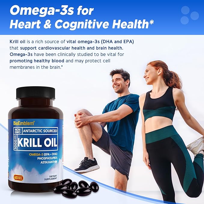BioEmblem 3 Pack Antarctic Krill Oil 1000mg Softgels Omega-3s Oil with High Levels of EPA + DHA Astaxanthin and Phospholipids Supports Brain Health 180-Count Non-GMO Gluten Free 90 Days Supply