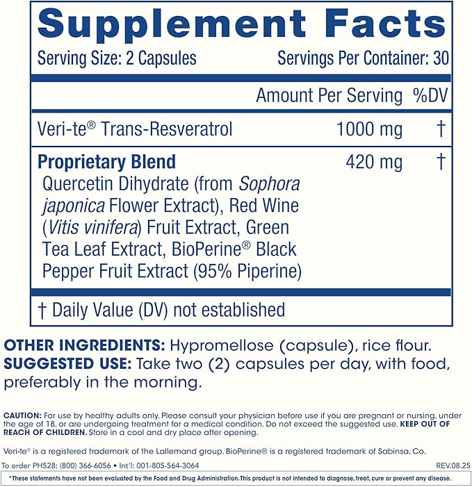 ProHealth Resveratrol 1000mg | Pure Trans-Resveratrol | Plus Quercetin Red Wine &amp Green Tea Extract | Clinically Studied to Support Cellular Health Memory Healthy Aging | 60 Capsules