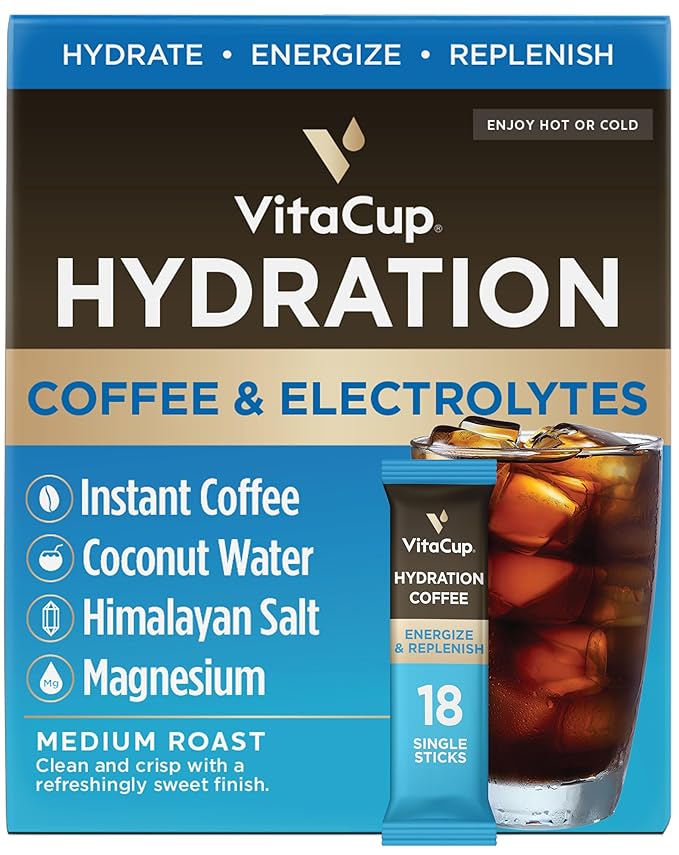 VitaCup Hydration Coffee Packets The First Coffee That Hydrates You w/Electrolytes Coconut Water Pink Himalayan Salt Magnesium Medium Roast Instant Coffee in Single Serve Sticks 18 Ct
