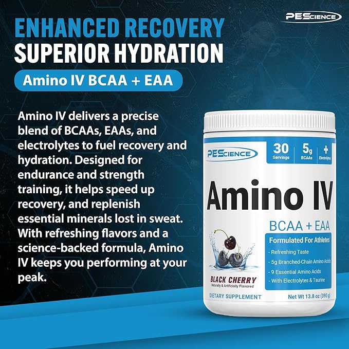 PEScience Amino IV BCAA &amp EAA Powder Essential Amino Acids Taurine Electrolytes for Hydration and Muscle Recovery Sugar Free for Men &amp Women Post Workout - Black Cherry 30 Servings