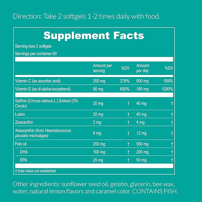 UpNourish AREDS 2 Plus Eye Vitamin Supplement AREDS 2 Zinc Free Formula with Lutein Zeaxanthin Saffron Astaxanthin &amp DHA - 120 softgels