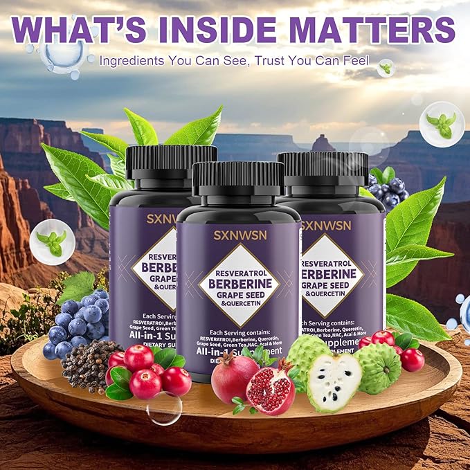 Resveratrol &amp Berberine Complex 120 Capsules - Antioxidant Support with Grape Seed Quercetin &amp NAC Promotes Healthy Cellular Function &amp Metabolism