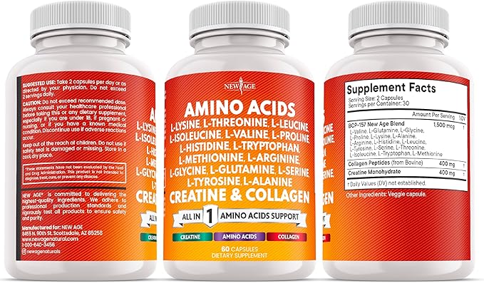 NEW AGE Amino Acids Supplement L-Lysine L-Threonine L-Leucine Isoleucine Valine L-Histidine L-Tryptophan L-Methionine L-Arginine L-Cysteine L-Glutamine L-Serine Aspartic Acid- 180 Count