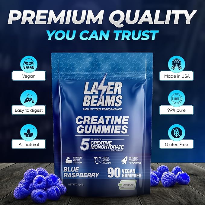 Creatine Monohydrate Gummies for Women &amp Men- 5g Creapure Creatine per Serving - Vegan Blue Raspberry Flavor - Boost Muscle Strength Endurance Recovery &amp Mental Focus (90 Gummies)
