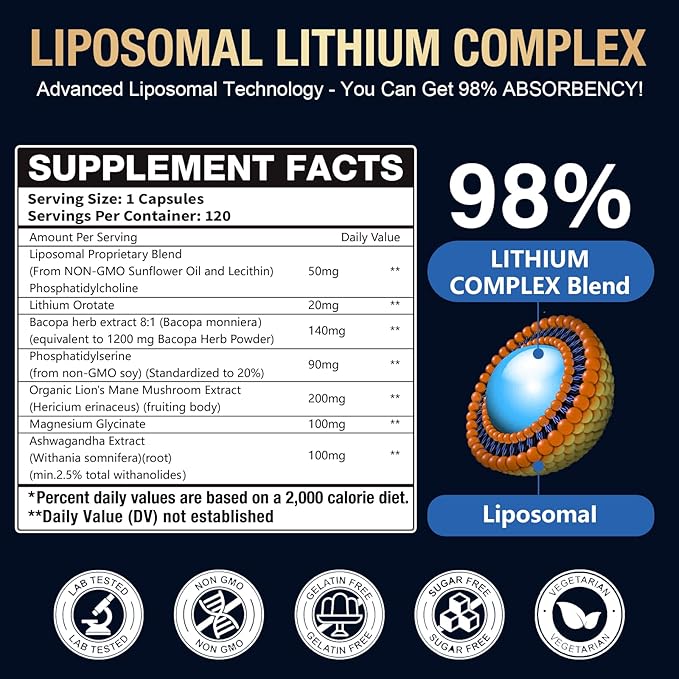 Liposomal Lithium Orotate 20MG Capsules - Complex Magnesium GlycinateLions Mane Bacopa Phosphatidylserine &amp Ashwagandha for Mood &amp Immune Support Digestive System Support
