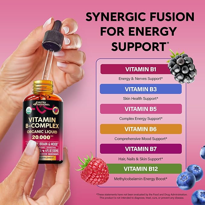 USDA Organic Vitamin B-Complex B5 Pantothenic Acid | B12 Methylcobalamin | B1 Thiamine | B6 Pyridoxine | B7 Biotin | B9 Folic | B3 Niacinamide - B Complex Liquid Drops Made in USA Supplement 4fl oz